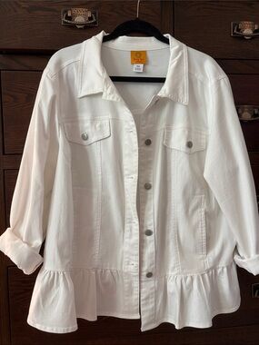 Ruby Rd. White Ruffle-Hem Jean Jacket with Button Front